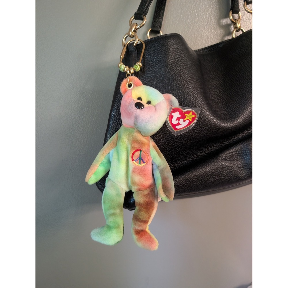 Ty Beanie Baby Peace Bear Upcycled Purse Charm Keychain Tie Dye Boho Accessory